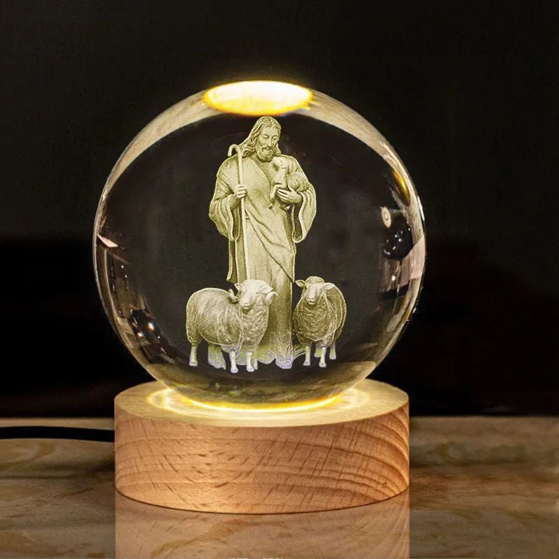 White crystal lamp with 6cm diameter ball on solid wood warm light base for church office decoration