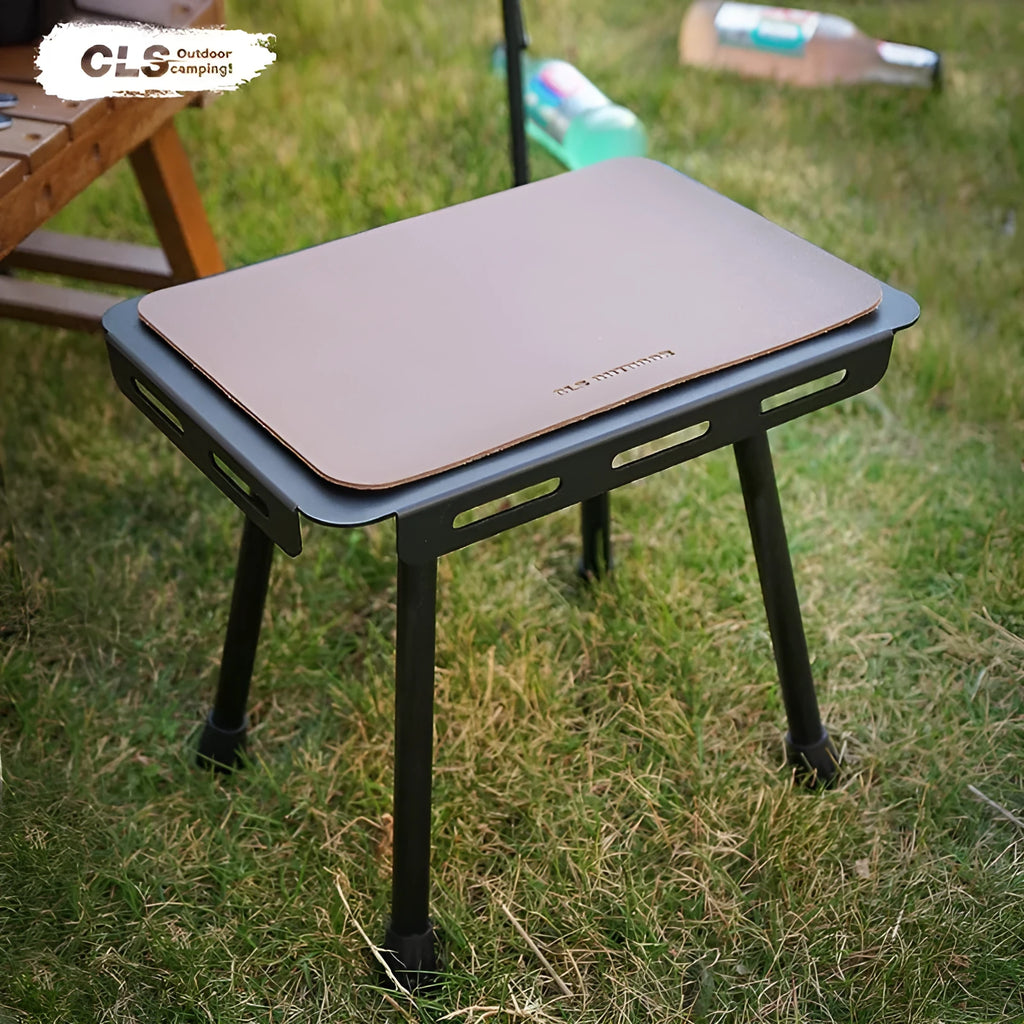CLS aluminium dual-use folding camping stool shown extended as a table and folded with its carry bag.