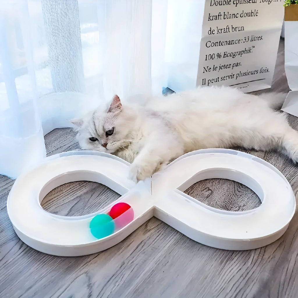 Blue and white cat turntable track ball activity centre with rotating spinner and puzzle feeder