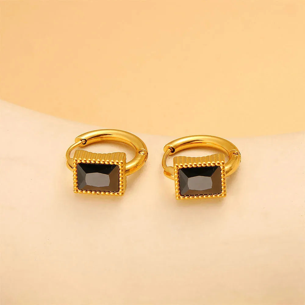 Square zircon stainless steel geometric earrings in black, green and white colours