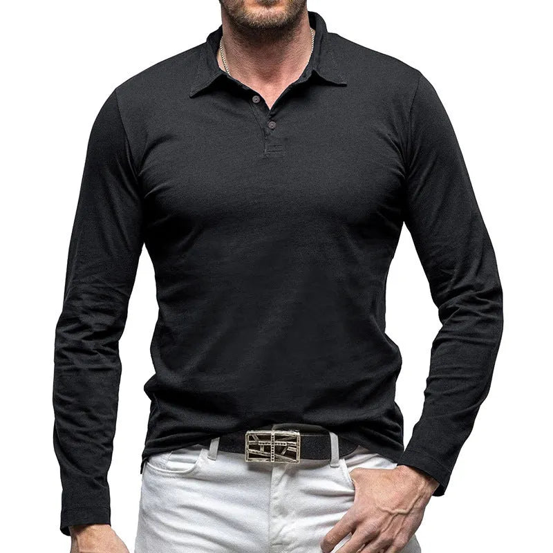 Men's long sleeve polo collar cotton T-shirt in American retro style shown in dark grey