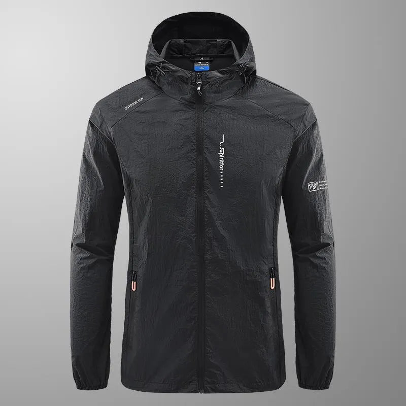 Men's hooded summer jacket in thin nylon fabric, loose fit, available in light grey, dark grey, black, dark blue, and denim blue