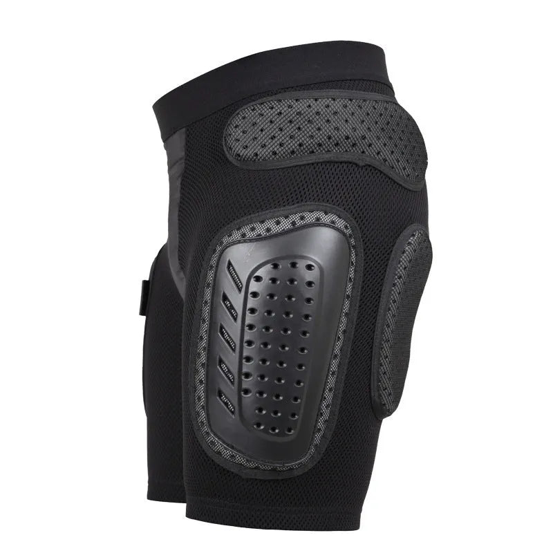 Black cycling protective pants with a removable hip pad for sports safety.