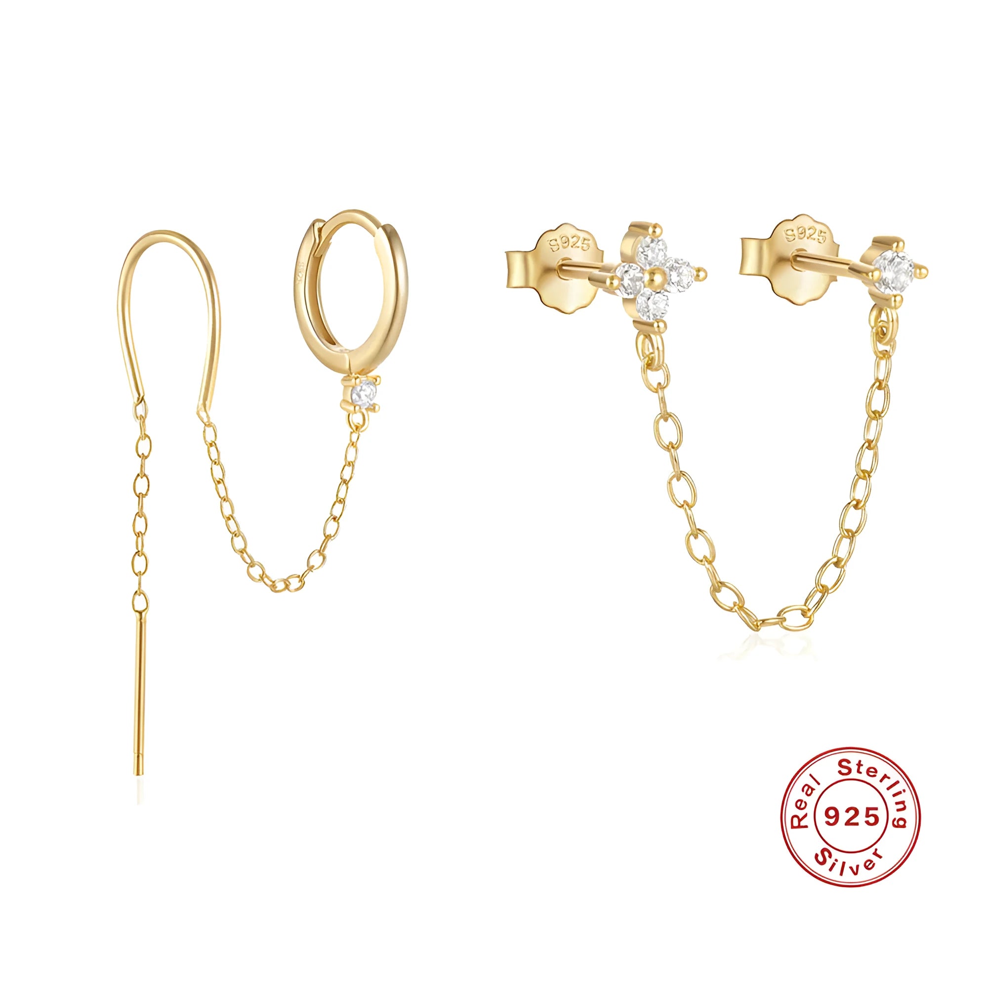 S925 sterling silver stud earrings with a floral motif and dangling gold-coloured tassel chain.