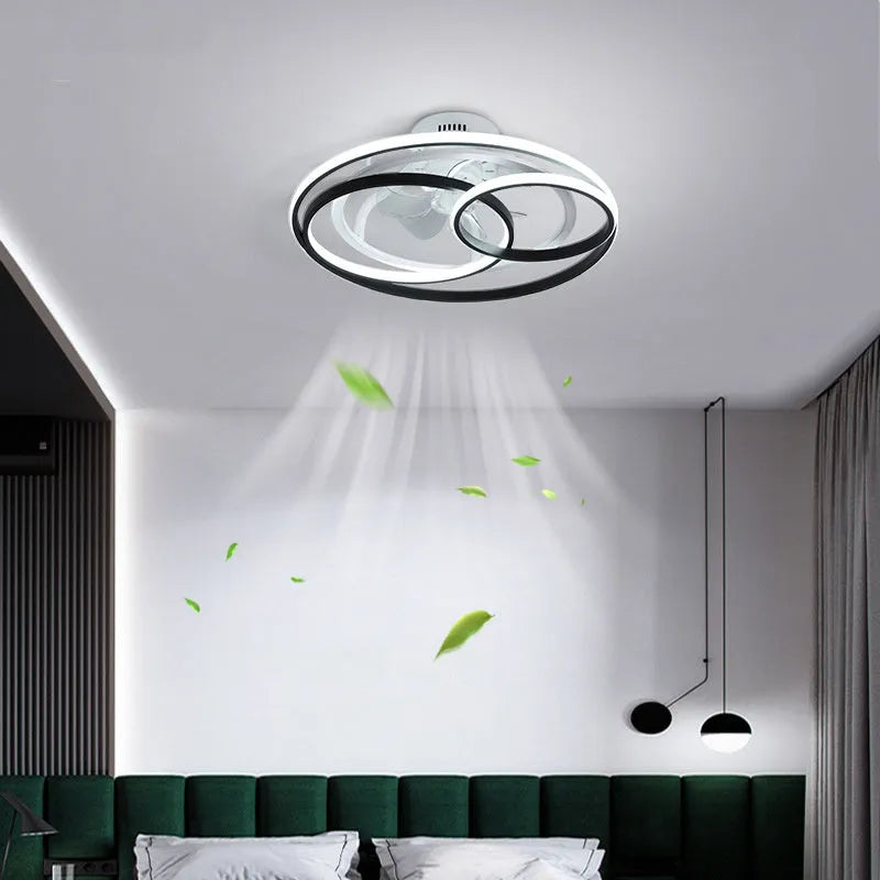 Nordic style 48cm ceiling fan light with metal blades and acrylic lampshade in black or gold finish.