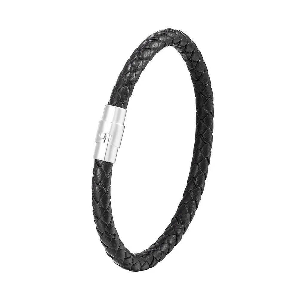 Geometric titanium steel bracelet with a magnetic clasp, shown in a unisex style.