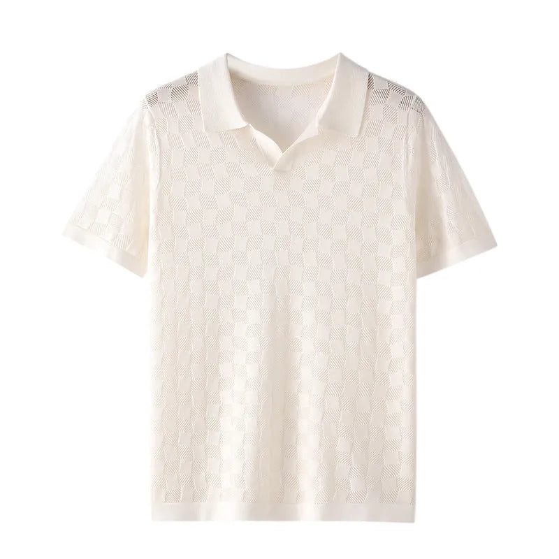 Men's short sleeve lapels sweater in mulberry silk with Jacquard knit and business casual styling