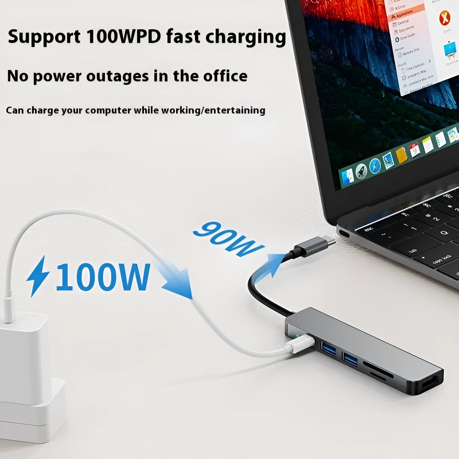 Portable six-in-one USB-C expansion dock with 100W charging capability for laptops and tablets