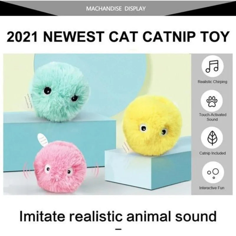 Blue, pink, and yellow interactive cat toy balls with 55mm diameter and gravity sensor trigger.