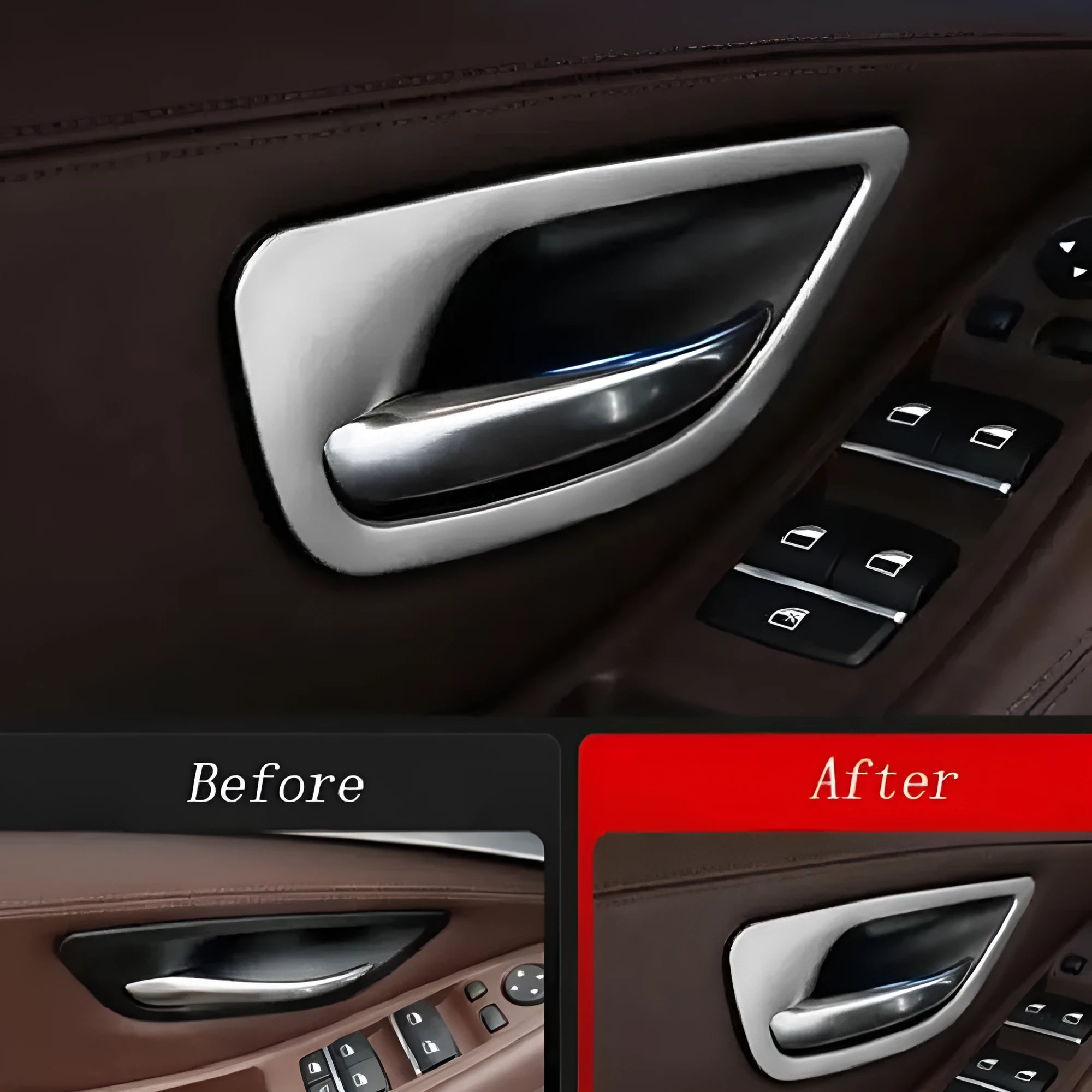BMW 5 Series interior door handle decorative trim strip kit with four ABS stainless steel frame bars.