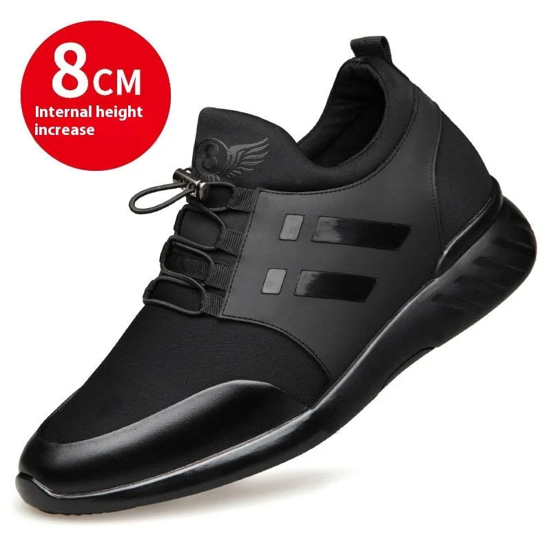 Men's black height increasing casual shoes with hidden 8cm heel in leather or mesh options