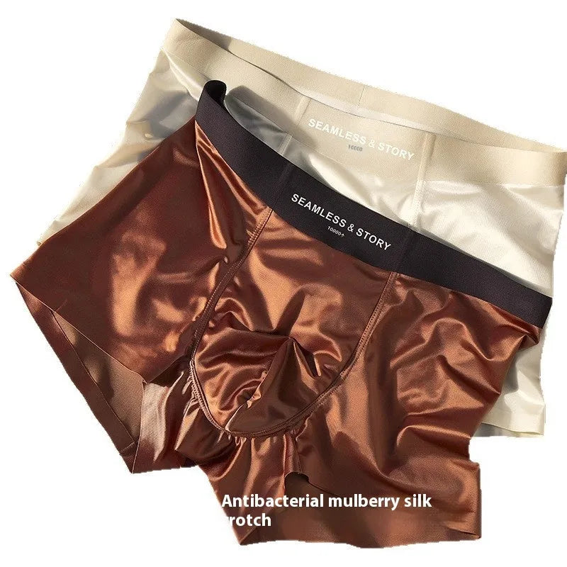 Men's ice silk underwear set in blue colour showing mid waist design and smooth satin fabric