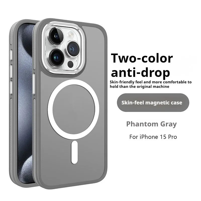 Frosted magnetic TPU phone case for iPhone 14 Pro Max with metal lens ring in black