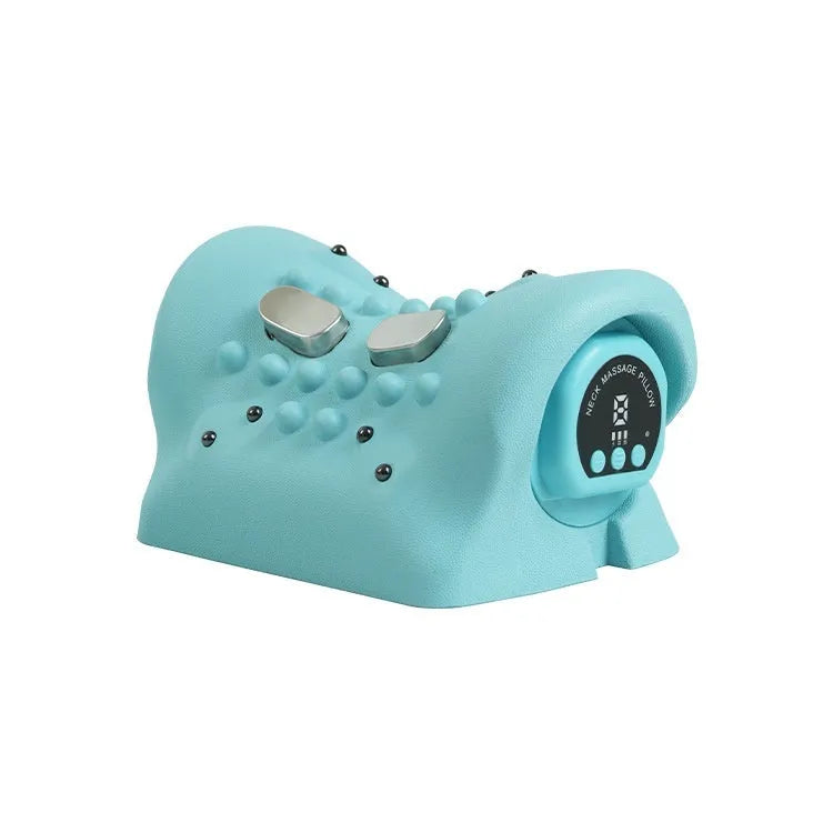Blue-green portable cervical spine massage pillow showing compact dimensions