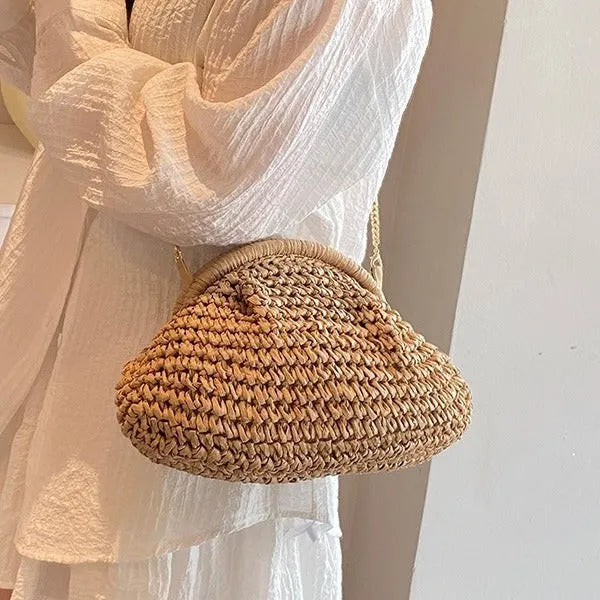Khaki straw shoulder bag with shell shape design and internal zipper pocket