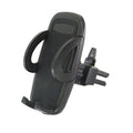 Black universal mobile phone holder attached to a car air conditioning vent.