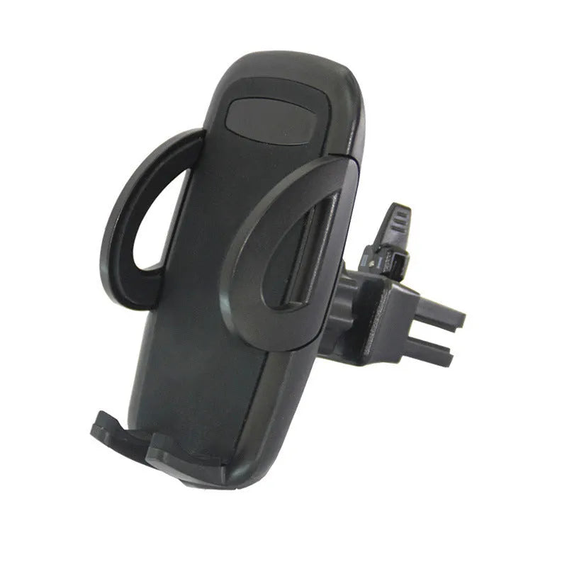 Black universal mobile phone holder attached to a car air conditioning vent.