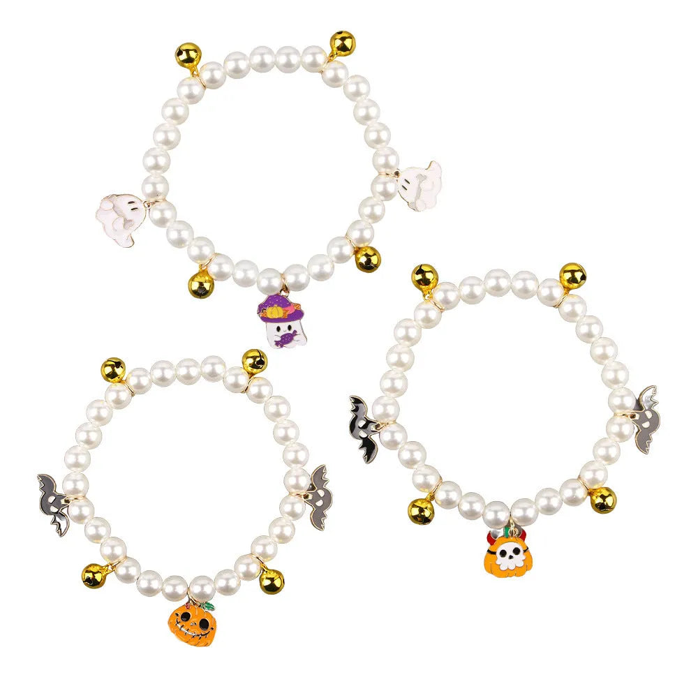 Halloween pearl necklace pet collar with pumpkin designs in purple ghost, skull, and smiling variations