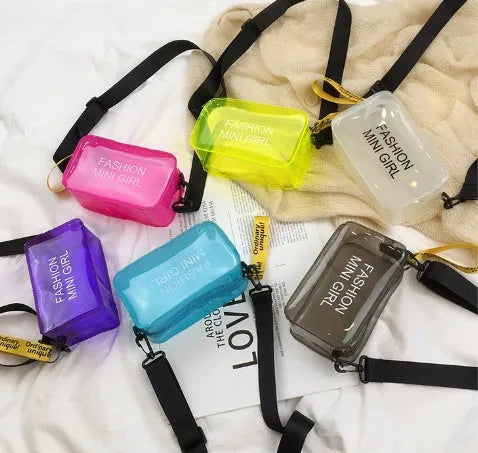 Transparent square jelly crossbody bag with adjustable strap in various colour options