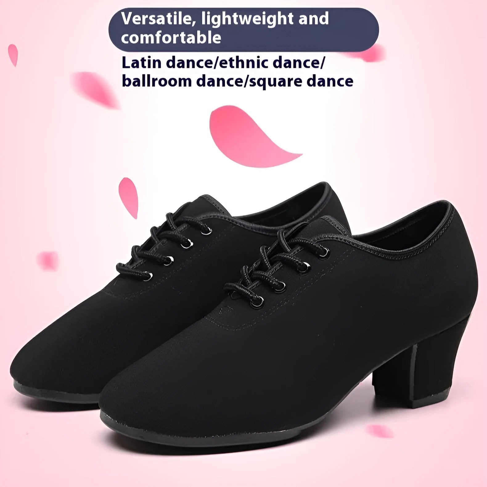 Men's black oxford cloth ballroom dancing shoes with middle heel and rubber sole, indoor and outdoor variants