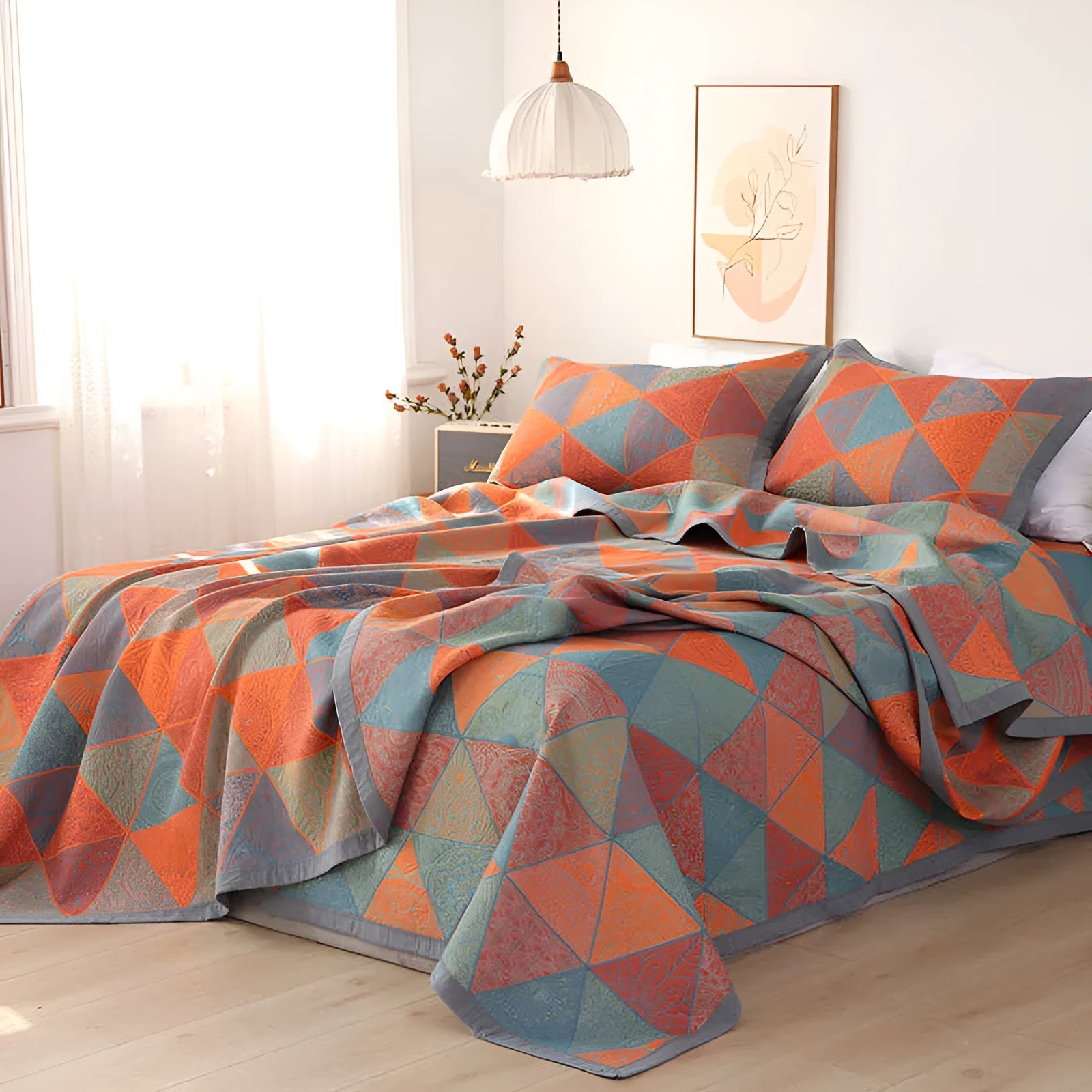 Cotton gauze bed blanket set with floral pattern including blanket and two pillowcases