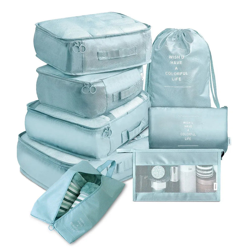 Eight-piece cube polyester storage bag set for travel with seal closure, available in multiple colours