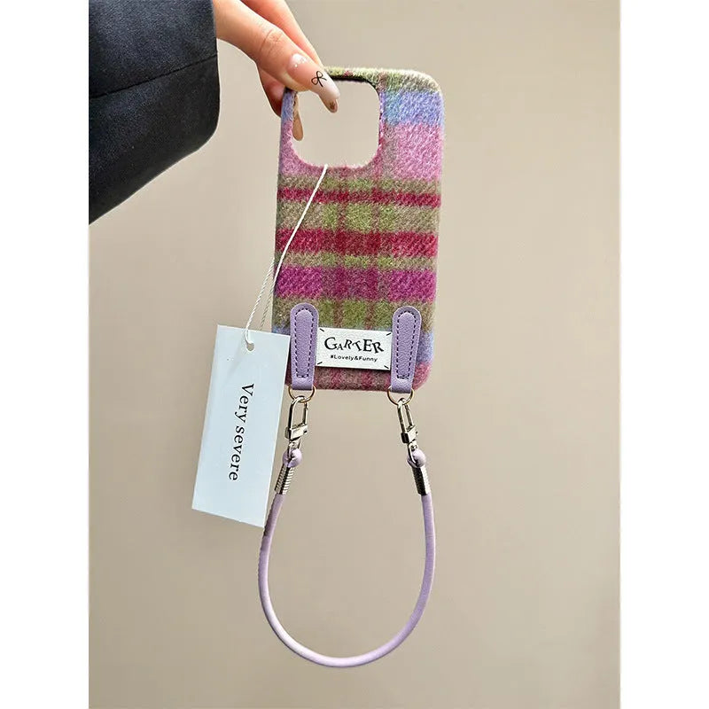 Flannel contrast colour check phone case with wristband in green pattern for iPhone 14