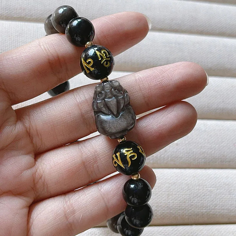 Men's silver stone bracelet with zodiac beads and engraved proverbs in Chinese style