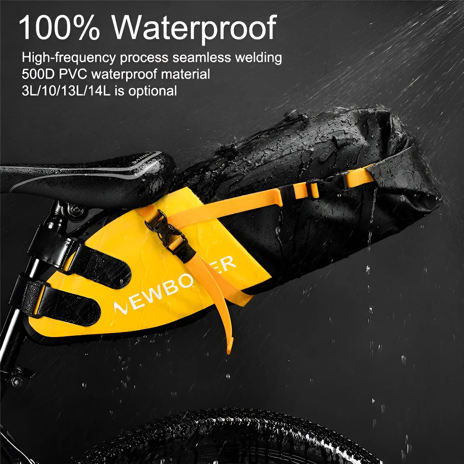 Waterproof PVC bicycle tail bag in black, green or yellow with 13L capacity for outdoor cycling