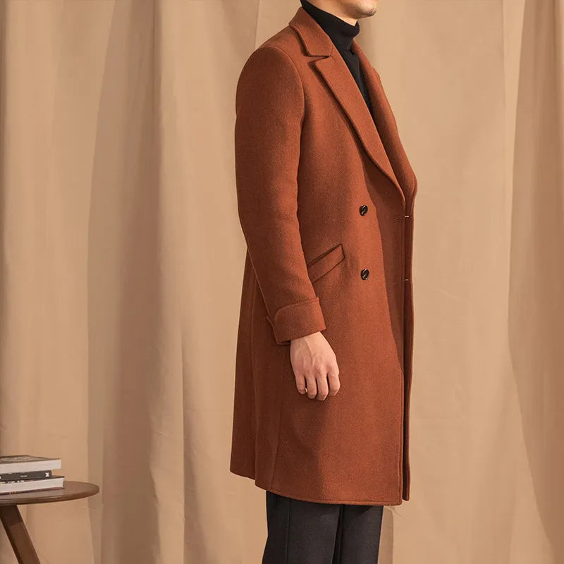 Double-breasted mid-length wool overcoat in caramel with suit collar, available in sizes M to 3XL