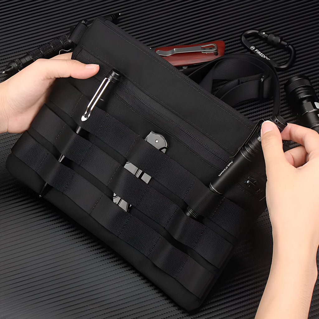Black tactical waist pack made from Oxford cloth measuring 18cm by 3.5cm