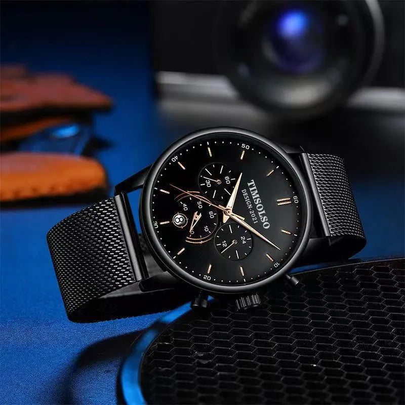Ultra-thin 6mm calendar quartz watch with black two-tone metal strap, white dial, and date window