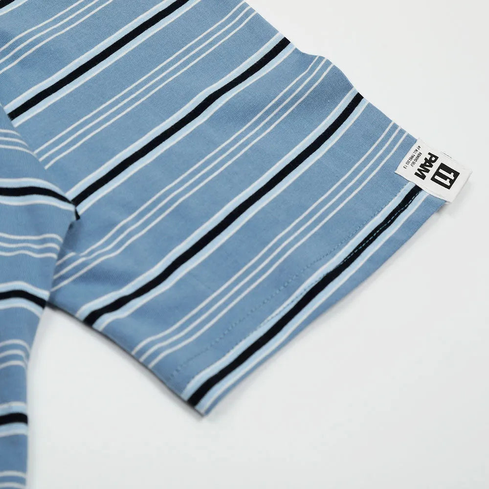 Blue and white vintage stripe pattern on a loose-fit men's short-sleeved cotton polo shirt.