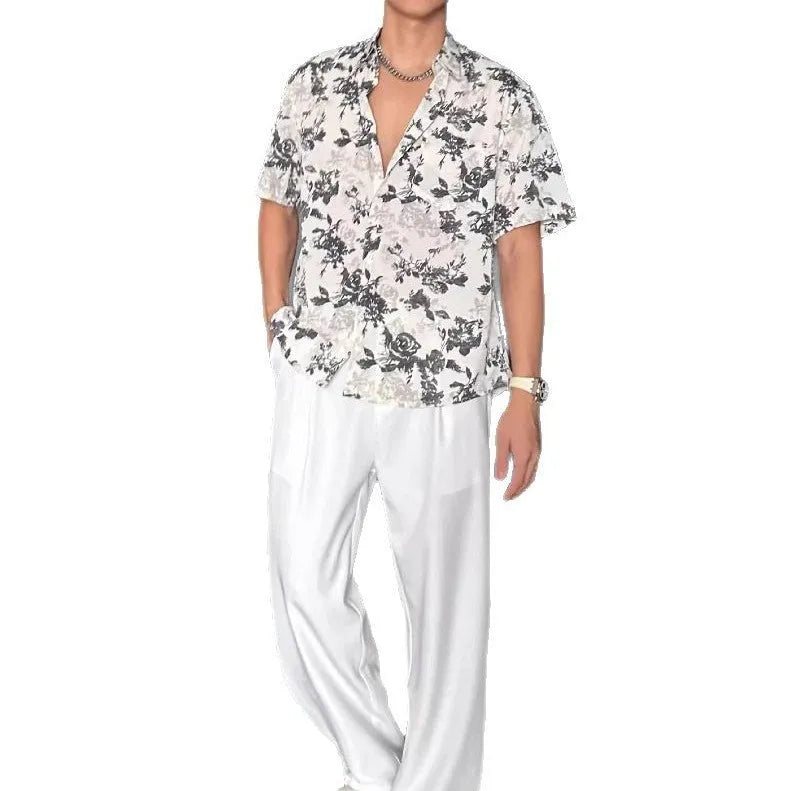 Men's loose casual floral printed short sleeve shirt in black or white