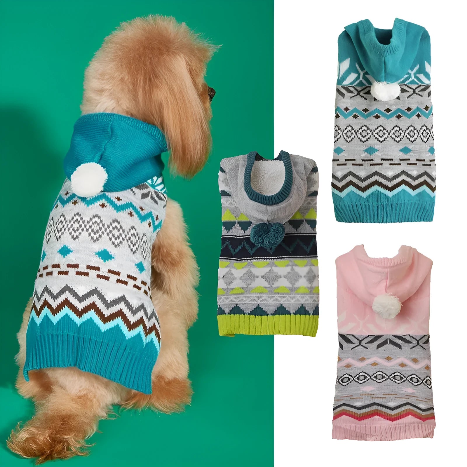 Classic diamond pattern pet sweater in acrylic material available in blue, green, pink colours