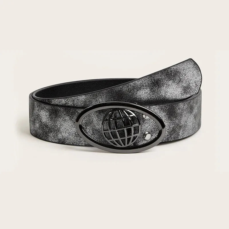 Women's retro belt with oval alloy buckle on thick 4cm PU leather in earthy or star patterned colours