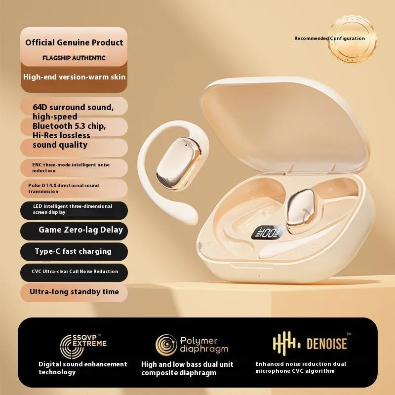 Ear-mounted wireless headphones with a digital display screen on the earpiece.