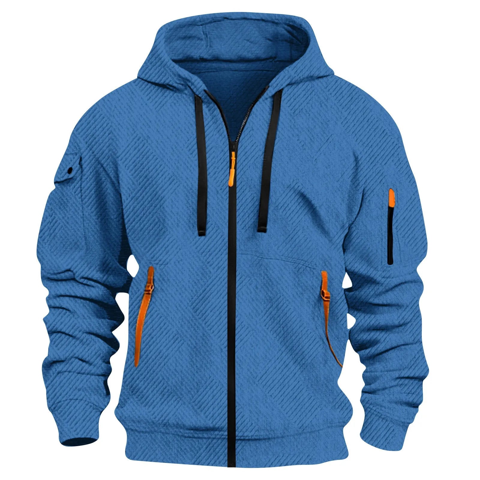 Mens casual hoodie with 3D patch pocket in solid colour, cotton blend fabric, cuff sleeves, unlined, available in six colours