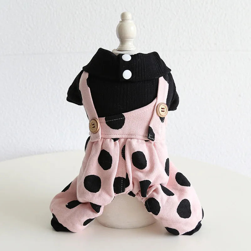 Pet clothing with lapel collar and shoulder strap fastenings in casual cloth design