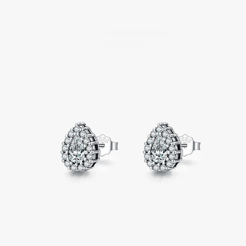 A pair of silver drop shape ear studs for women with a diamond-treated finish.