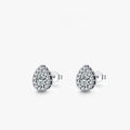 A pair of silver drop shape ear studs for women with a diamond-treated finish.