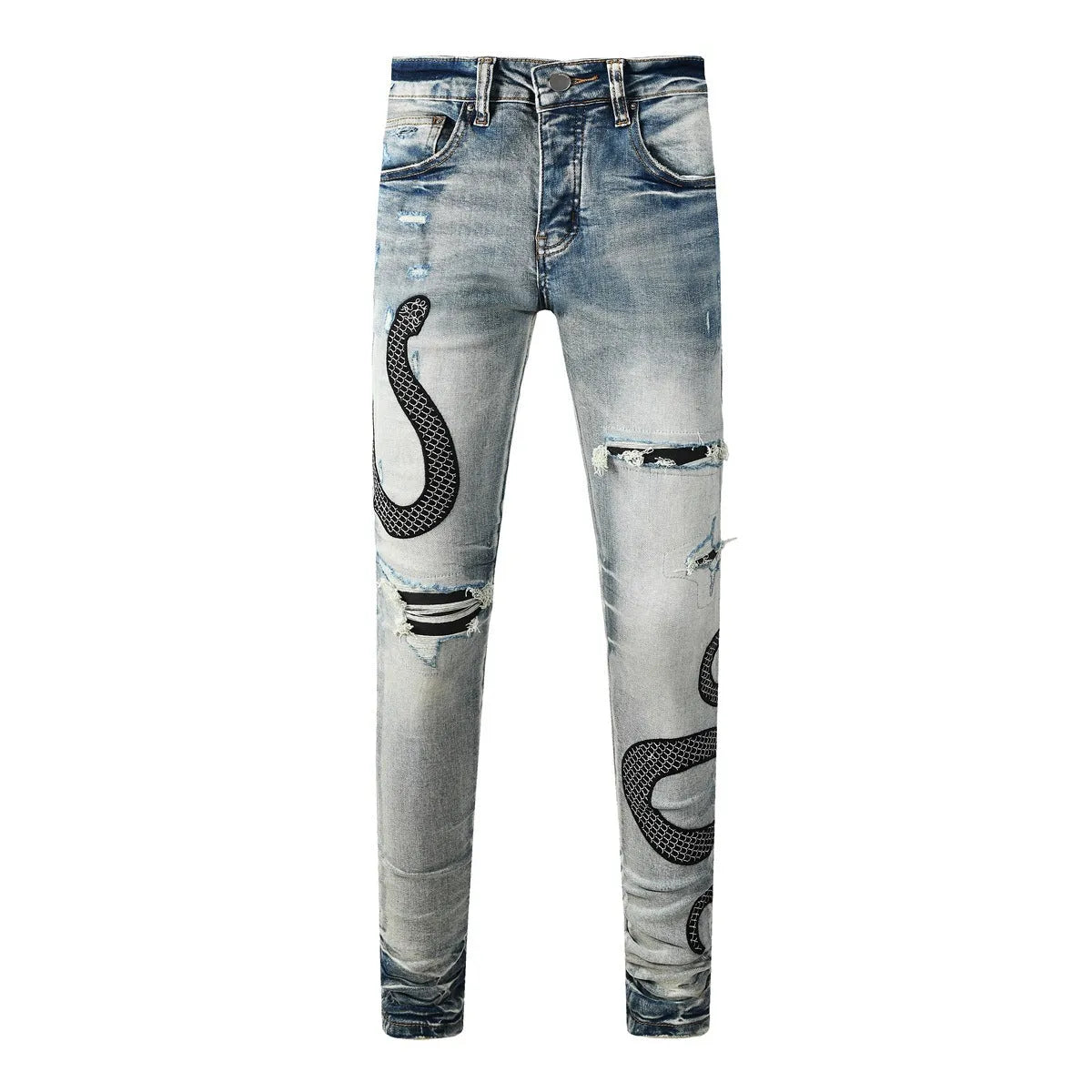 Close-up of wash distressed blue skinny jeans with a button fly and retro styling on a hanger.