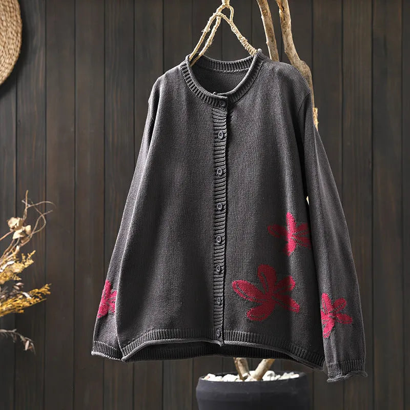 Women's loose retro flower contrasting knit cardigan with button front in khaki, showing long sleeves and floral pattern