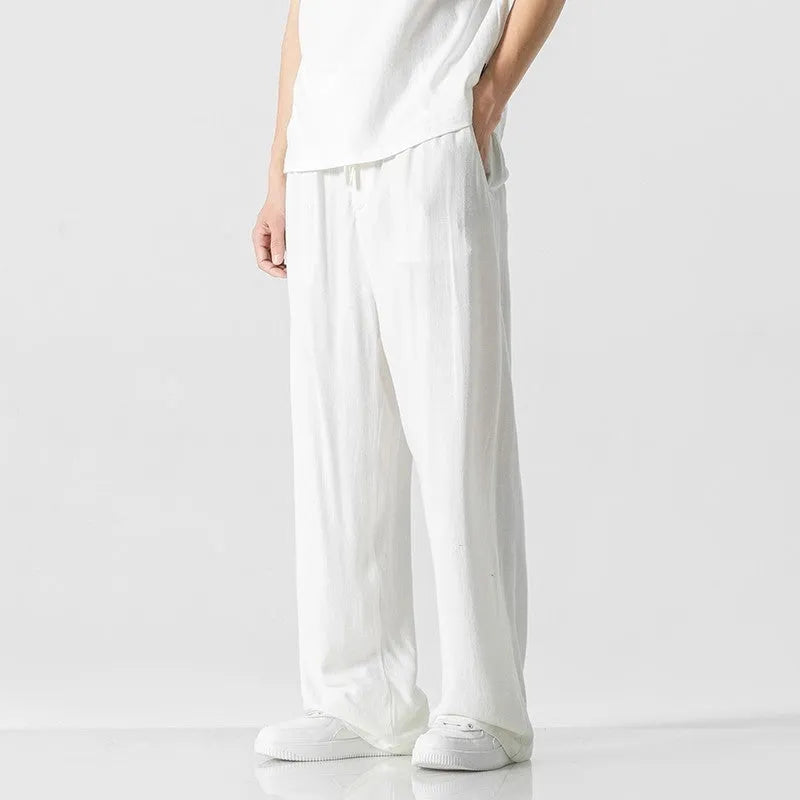 Men's bamboo fibre linen trousers with drawstring waist in straight-leg cut