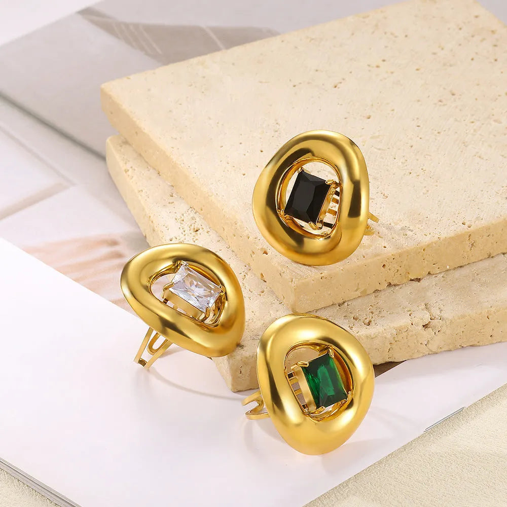 Stainless steel pearl zircon ring for women, adjustable opening, electroplating finish, European American style, colour JZ7336