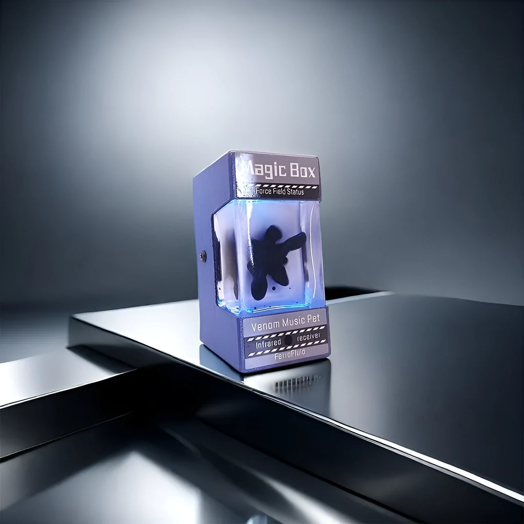 Magnetic fluid music visualisation light with black fluid and white LED, wooden shell, 95x60x63mm