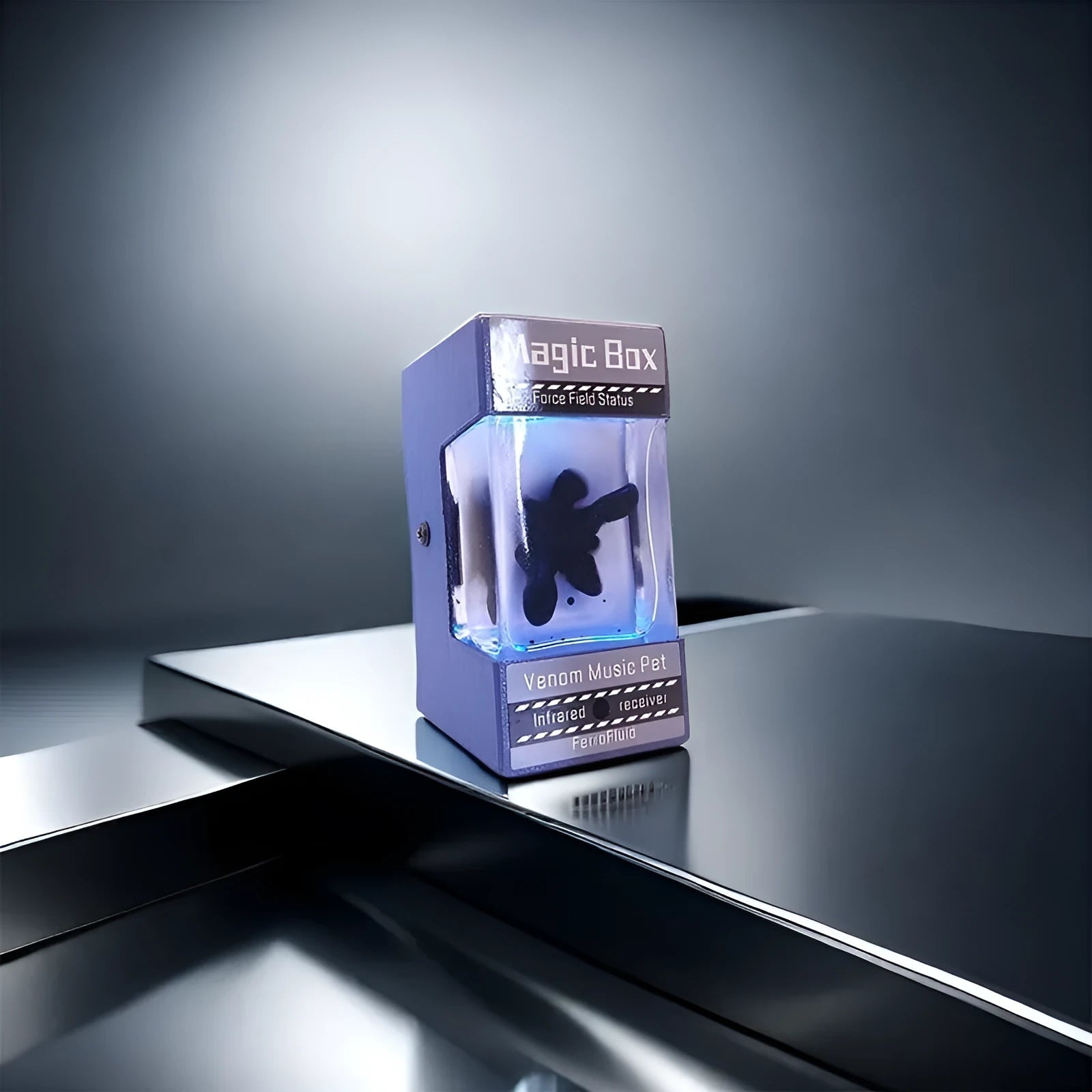 Magnetic fluid music visualisation light with black fluid and white LED, wooden shell, 95x60x63mm