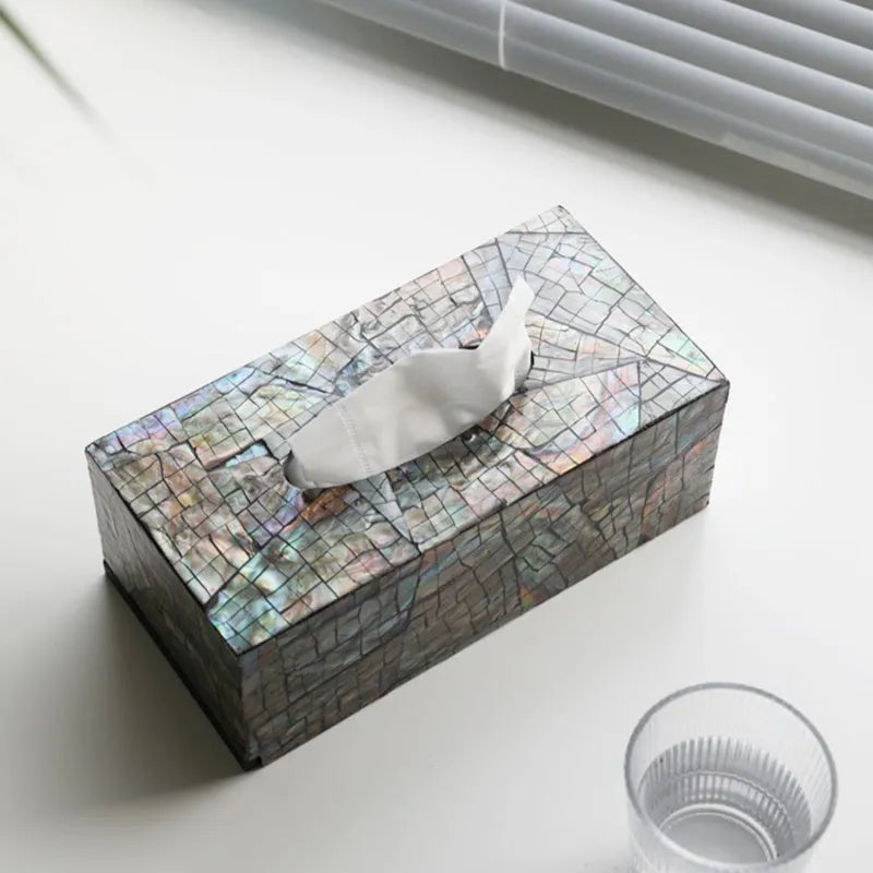 Black natural shell tissue box storage organiser with removable compartment on a coffee table.