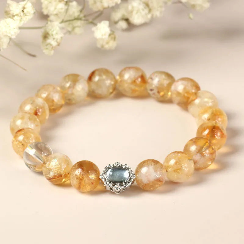 Geometric citrine crystal bracelet with 10mm beads and grinding-treated surfaces