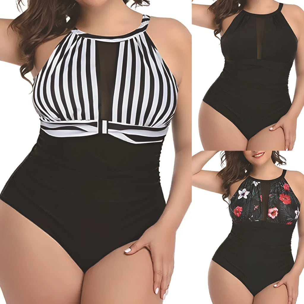 Women's black lace-trimmed one-piece swimsuit on a mannequin, showing front and back views.
